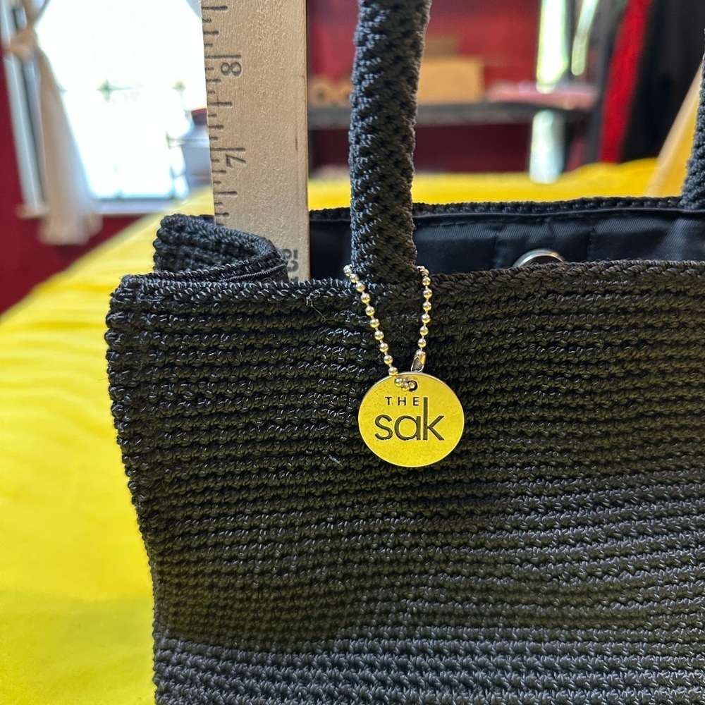The Sak Black Crochet Top Handle Handbag Purse Medium Woven Knit Shoulder Bag - Picture 6 of 12